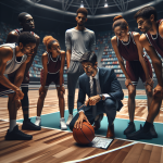 Coach and star player strategize during timeout in Azerbaijani basketball game