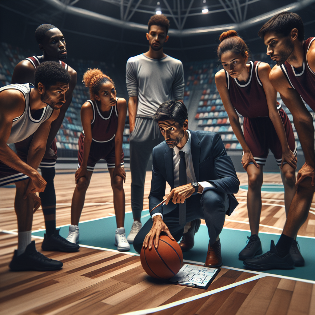 Coach and star player strategize during timeout in Azerbaijani basketball game