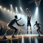Fast-paced Azerbaijani basketball three-pointer with trophy in background, dramatic arena lights
